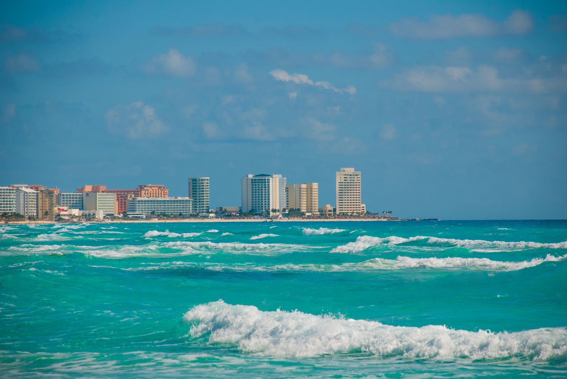 View from the sea to buildings and the hotels of Cancun. Mexico