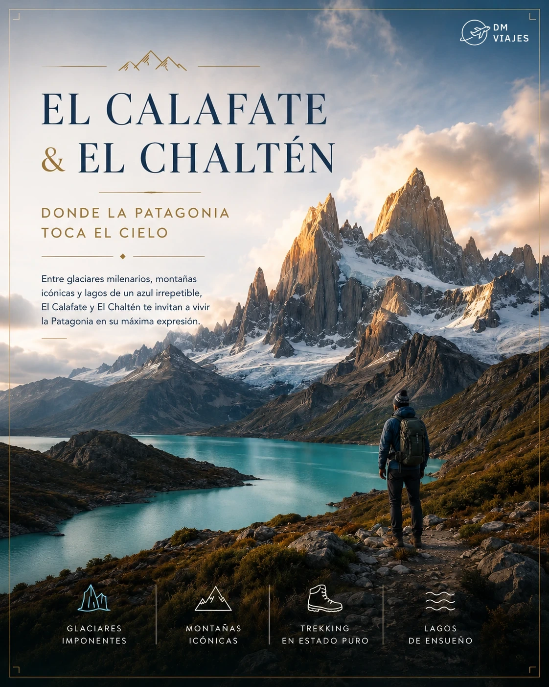Tarjeta de El Calafate y El Chaltén con el Fitz Roy al amanecer y una laguna turquesa