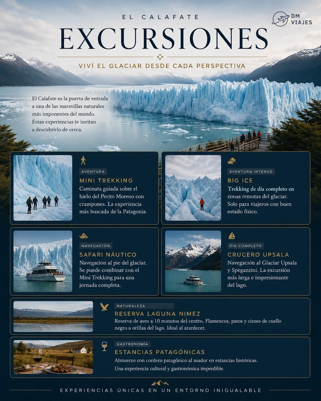 Tarjeta de excursiones en El Calafate: Mini Trekking, Big Ice, Safari Náutico, Crucero Upsala, Laguna Nimez y estancias