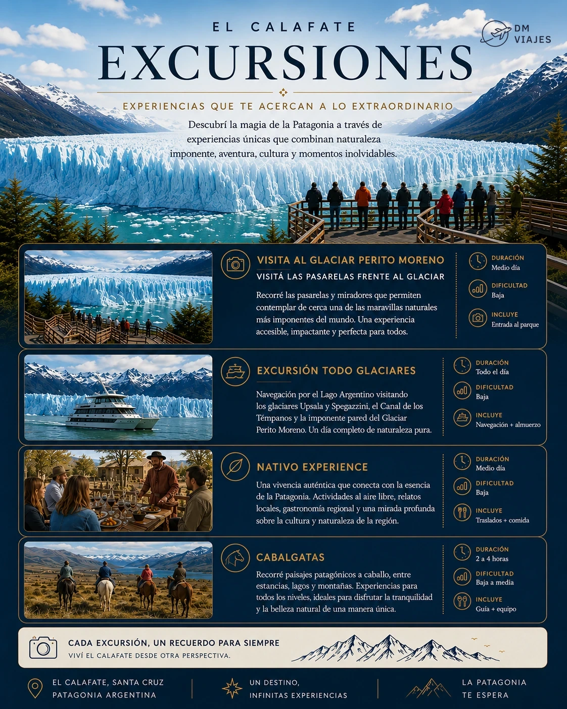 Tarjeta de excursiones en El Calafate: Glaciar Perito Moreno, Todo Glaciares, Nativo Experience y cabalgatas