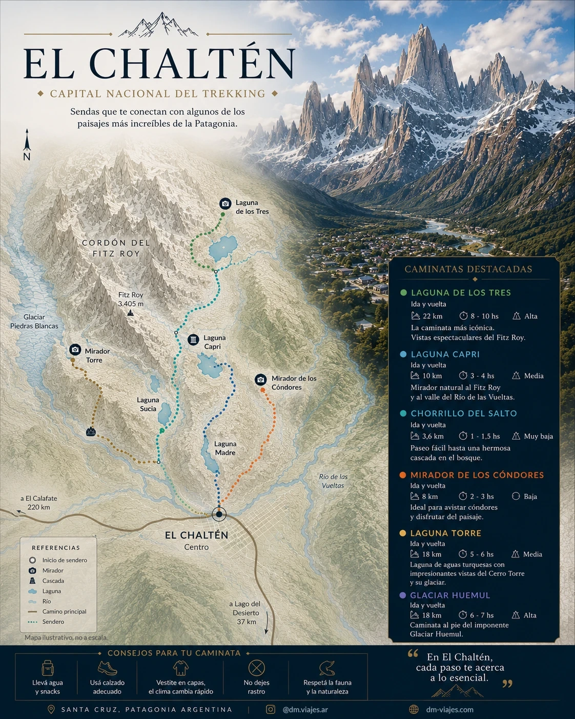 Mapa ilustrado de los senderos de El Chaltén con Laguna de los Tres, Laguna Torre y miradores