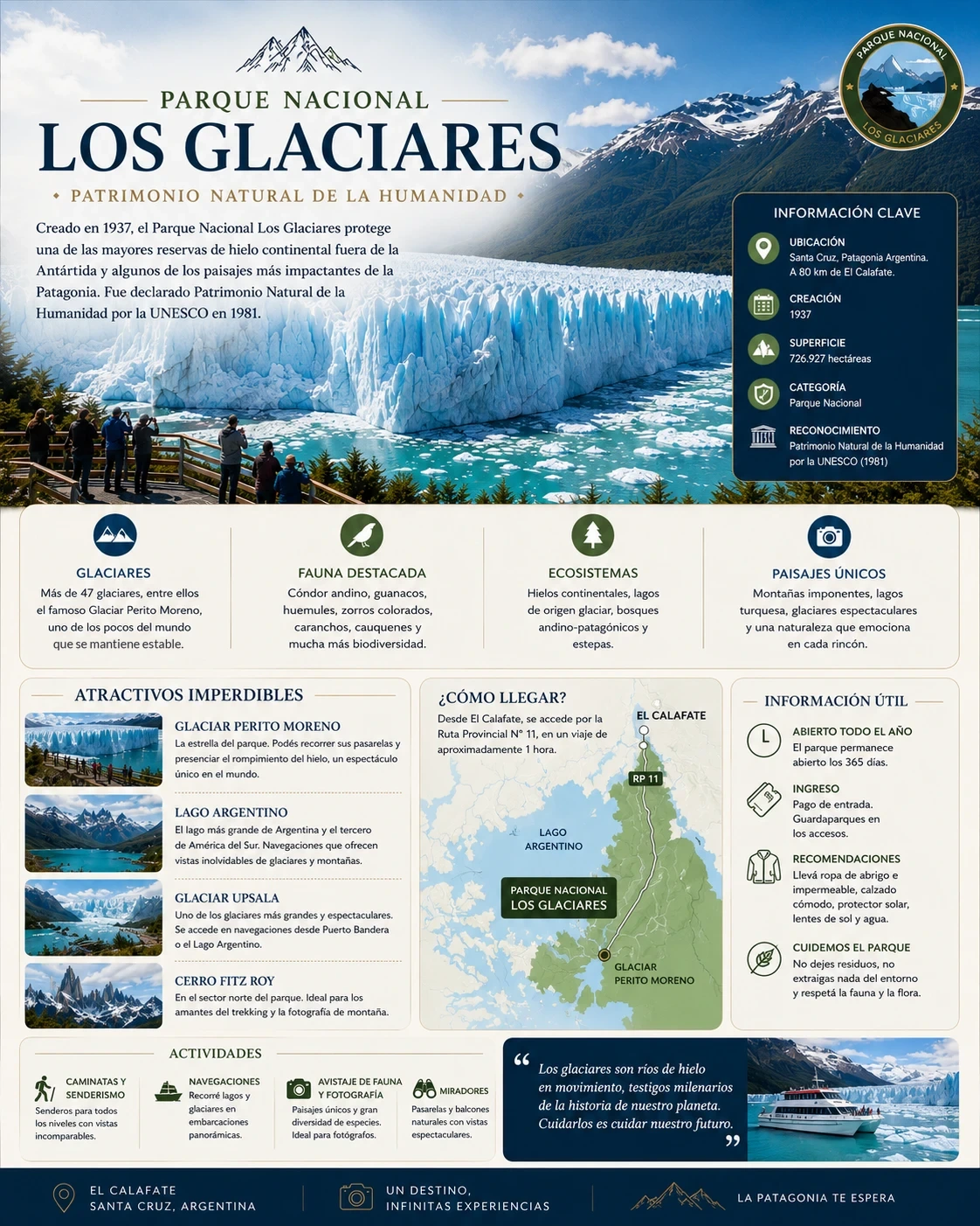Infografía del Parque Nacional Los Glaciares con el Perito Moreno, mapa de acceso e información útil
