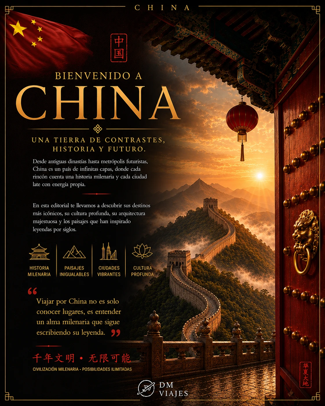 Tarjeta Bienvenido a China con la Gran Muralla al atardecer vista desde una puerta imperial