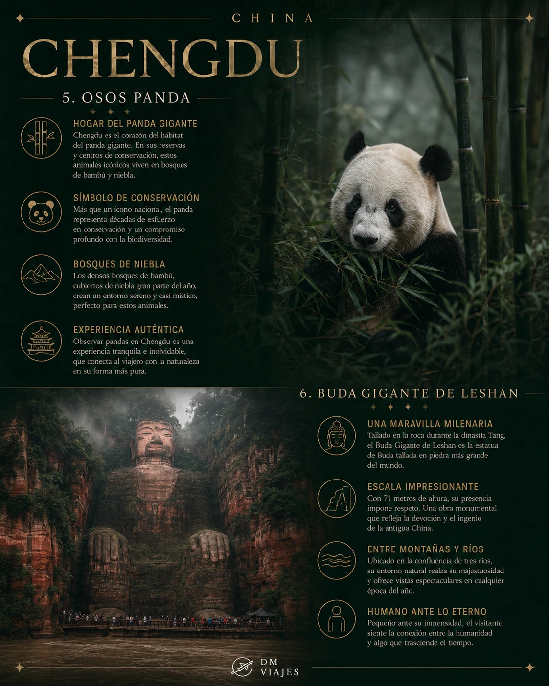 Tarjeta de Chengdu con un panda gigante entre bambúes y el Buda Gigante de Leshan