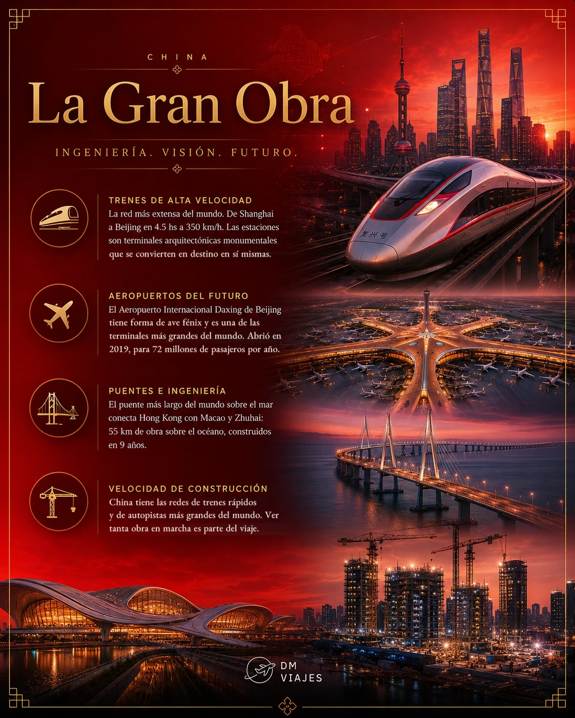 Tarjeta sobre trenes de alta velocidad, el aeropuerto Daxing y el puente Hong Kong–Zhuhai–Macao