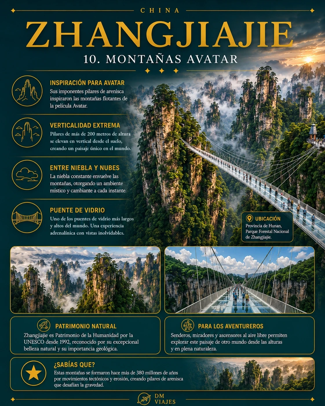 Tarjeta de Zhangjiajie con pilares de arenisca entre la niebla y el puente de vidrio