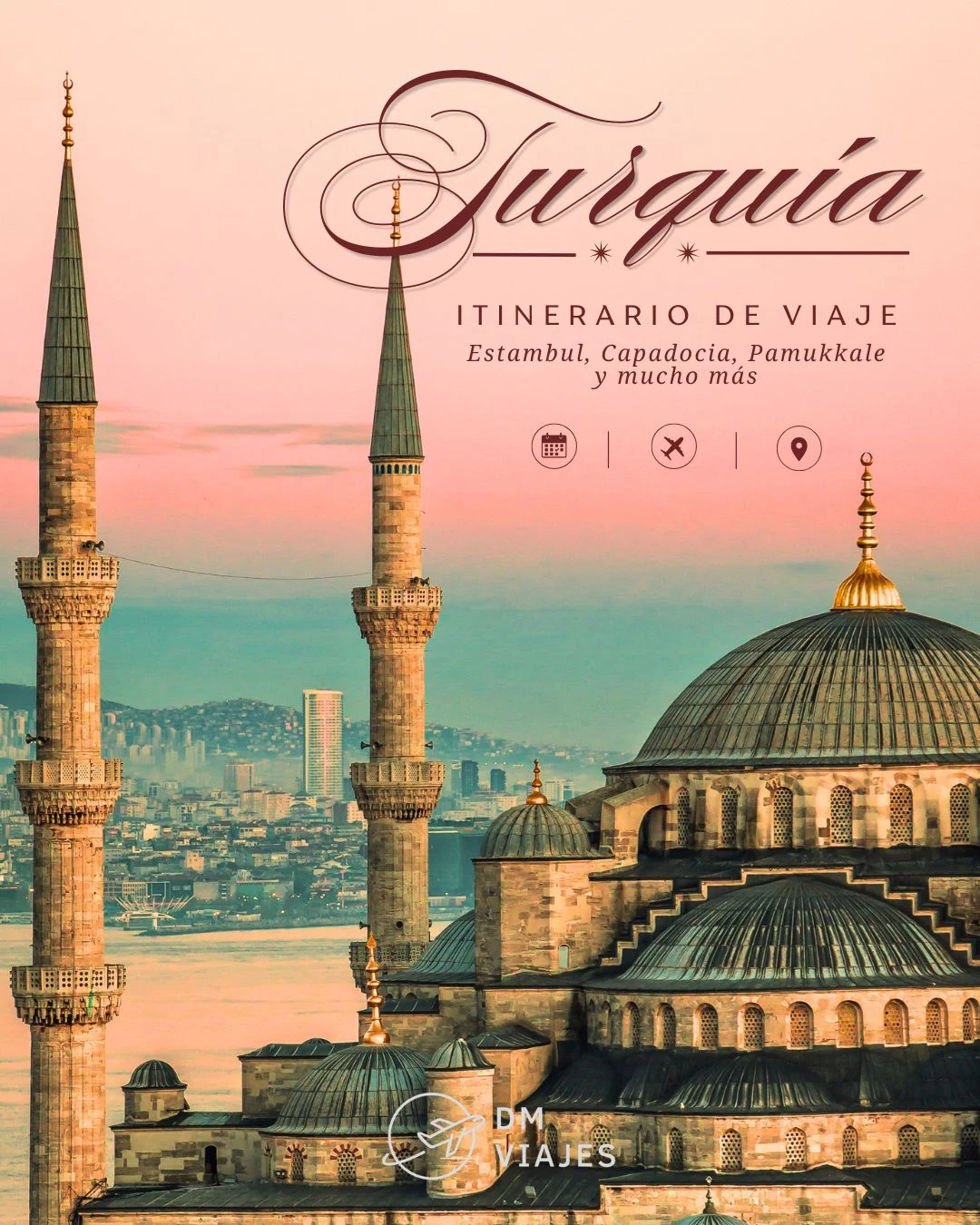 Tarjeta Turquía itinerario de viaje con la Mezquita Azul y el Bósforo al atardecer